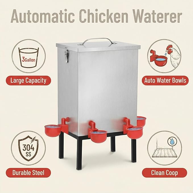 3 Gallon Chicken Waterer with Cups & Nipples, Stainless Steel Poultry Waterer for Backyard Coop, No-Spill, Easy to Clean, Ideal for Chickens, Ducks & Small Farms