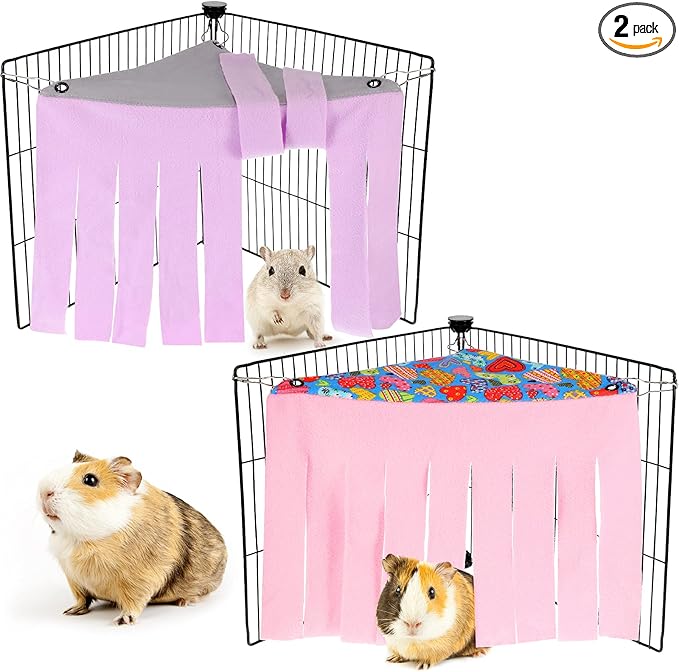 Shappy 2 Pcs Guinea Pig Hideout Hideaway Corner Fleece Toys Cage Accessories Cute Ferret Hammock for Ferrets Chinchillas Hedgehogs Small Pets(Grey with Pink, Grey with Purple, Heart-Shape)