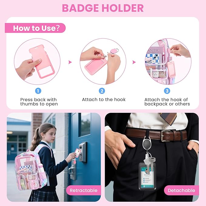 MUSEVOS Clear Backpack for School, Heavy Duty Clear Bookbag for Girls Boys Transparent Backpack with Badge Holder, Pink Tie-dye