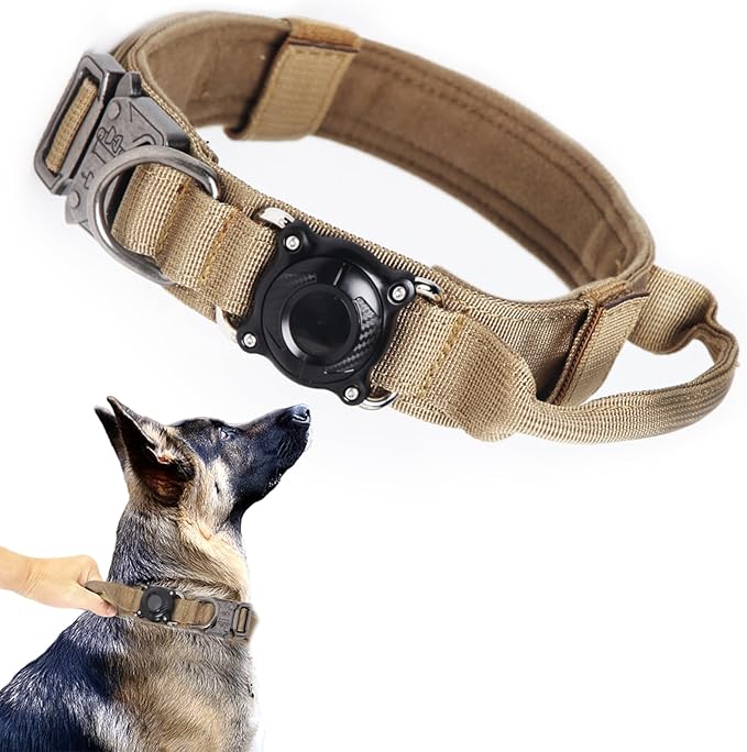 Upgraded AirTag Dog Collar,Waterproof Tactical Dog Collar with AirTag Holder, Control Handle and Metal Buckle,Heavy Duty Dog Collars for Large Dogs（Brown,M