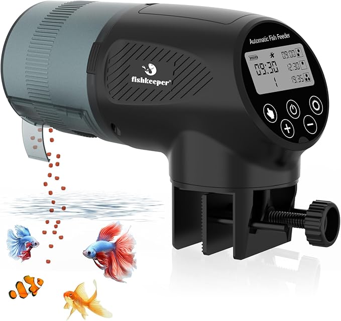 fishkeeper Automatic Fish Feeder for Aquarium: Moisture-Proof Auto Precision Feeders Dispenser with LCD Display for Small Tank Turtle Betta Koi - Battery Food Feeding Timer for Vacation Weekend Day