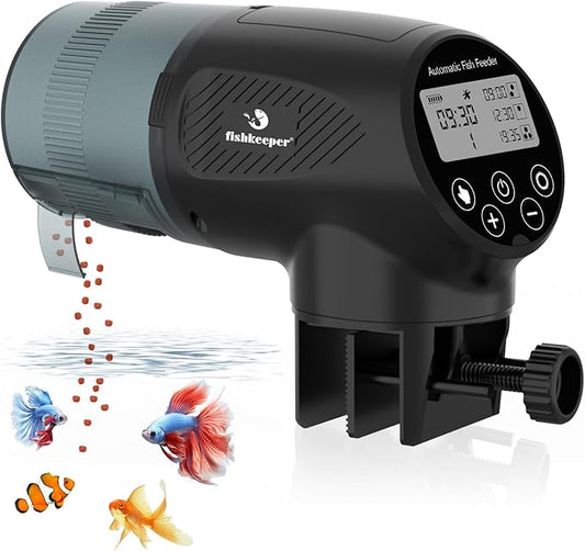 fishkeeper Automatic Fish Feeder for Aquarium: Moisture-Proof Auto Precision Feeders Dispenser with LCD Display for Small Tank Turtle Betta Koi - Battery Food Feeding Timer for Vacation Weekend Day