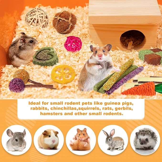 YIXUND Rabbit & Guinea Pig Toys - Natural Timothy Hay & Apple Wood Sticks for Teeth Care - Handmade for Hamster, Bunny, Chinchilla (27 Pcs)