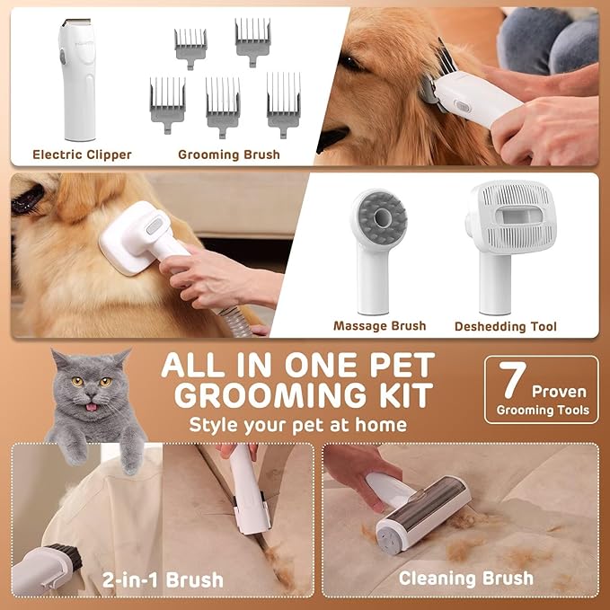 HEAPETS Dog Grooming Vacuum Kit - 3L Vacuum with 7 Tools, Low Noise Electric Clipper and Brush for Pet Shedding at Home, White