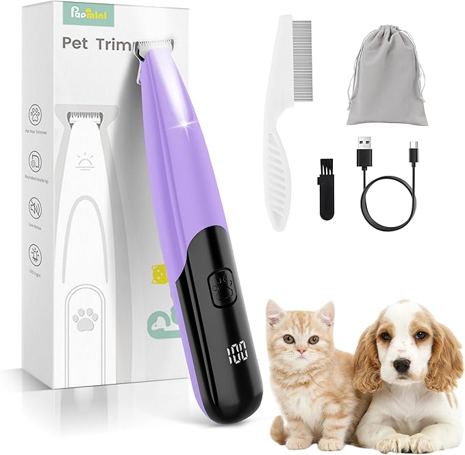 PAPMINI Dog Paw Trimmer with LED Light, 35dB Low Noise Paw Trimmers for Dog's Feet, 2 Speed Safety Electric Dog Clippers for Grooming, Rechargeable Cat Shaver for Paws, Ears, Face, Rump (Purple)