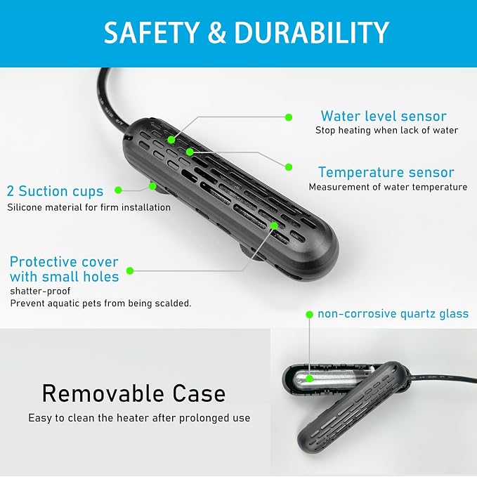 YukiHalu Aquarium Heater 25/50/100/150W with Protective Cover, Mini Fish Tank Heater with External Controller, Temperature Adjustable, Digital Display, Used for 5/10/20/30 Gallons (50W-10Gallon)