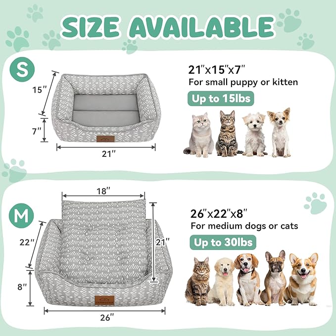 Zerbuger Rectangle Cat Dog Bed for Large Medium Small Pets Indoor Outdoor Machine Washable Sleeping Sofa Non-Slip Bottom Soft Puppy Bed Durable Orthopedic Calming Pet Cuddler (Small, Grey Pattern)