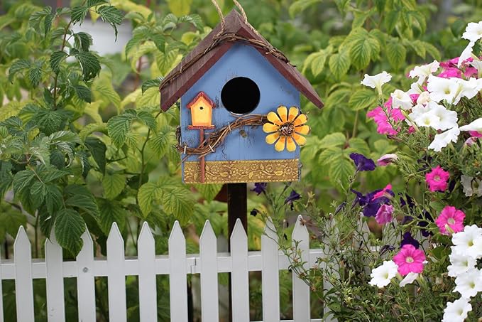 Hanging Bird Houses for Outside Decorative Birdhouse, Garden Bird Feeders for Outdoors, Blue Wooden Bird Nest Box for Wren Finchs Hummingbird Cardinal Bluebird Wild Birds, Gift for Bird Lovers