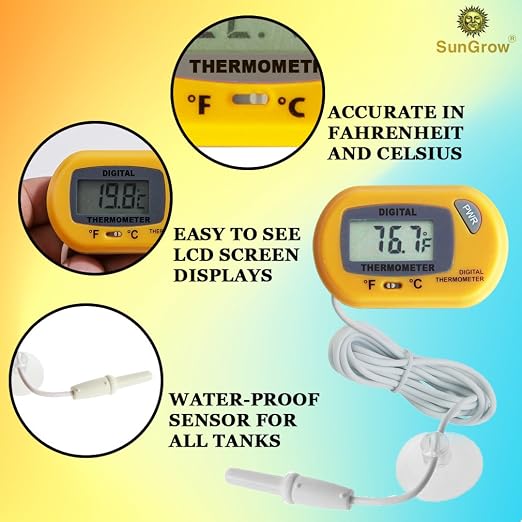 SunGrow Reptile Digital Thermometer, 1.5” x 2.3” x 0.5”, Easy to Read Display, Yellow, Battery Not Included, 1-Pack