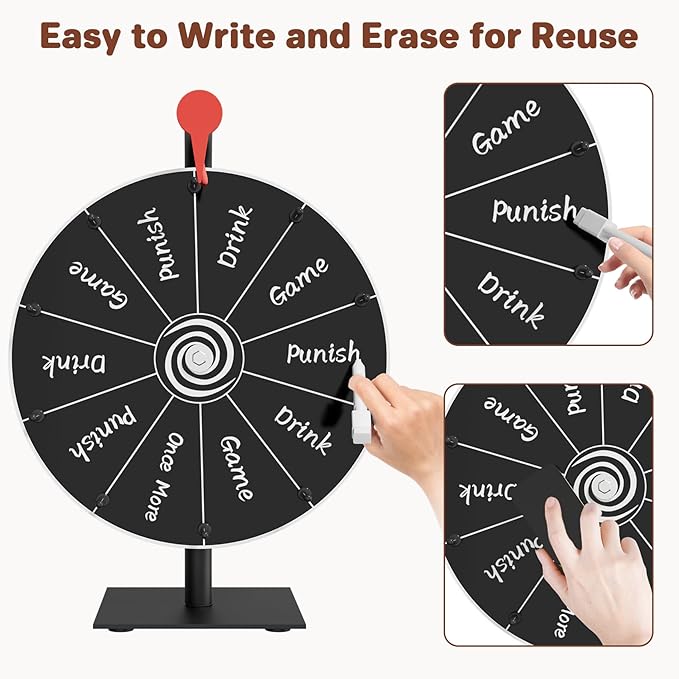 12 Inch 10 Slots Prize Wheel Spinner with Stand, Spinning Wheel for Prizes with Dry Erase Marker & Eraser, Portable Spin Wheel of Fortune Game Roulette Wheel for Home Parties, Carnival, Trade Show