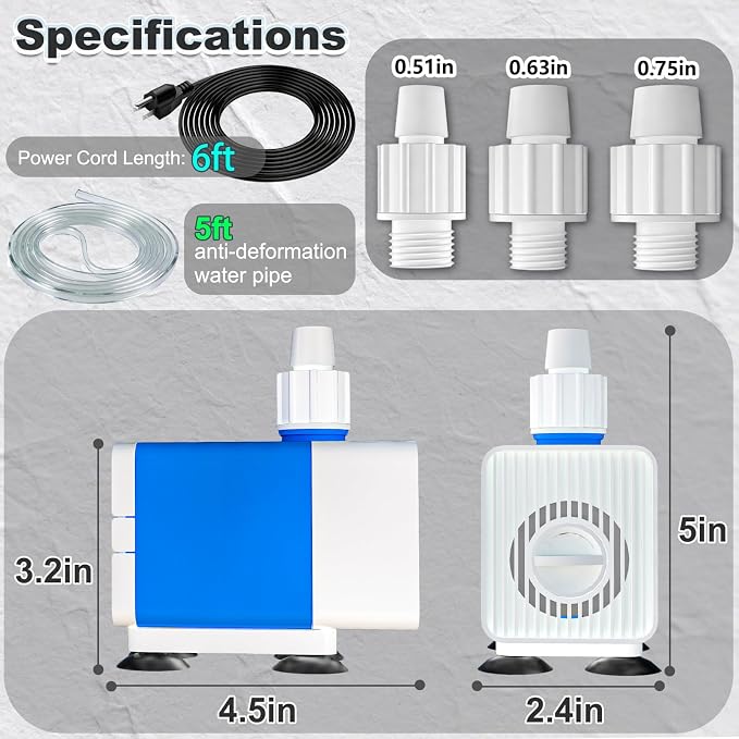 400GPH Submersible Water Pump with 5.9ft. High Lift for Fountains | with 4.9ft. Hose，Ultra-Quiet, Adjustable Flow Rate for Hydroponics, Ponds, Aquariums, and More