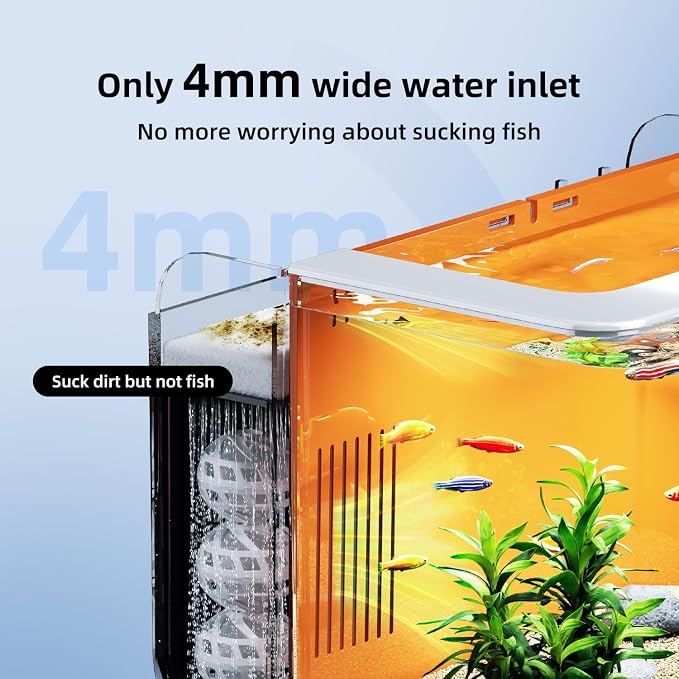2.5 Gallon Fish Tank Kit with Heater for Betta, Shrimp, Guppy, Acrylic | Dry-wet Separation Filtration, Self-cleaning, Ultra-quiet, 3 Color Light, 10 Brightness, Adjustable Water Flow, Round Corner