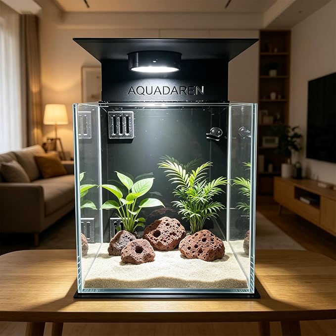 Fish Tank 2.7 Gallon (11L), Glass Nano Aquarium Kit with Water Filter Pump, Iron Tray, & LED Light, Ideal for Small Fish, Shrimp and Plants, Black