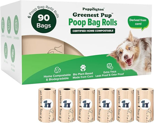 Puppington Certified Home Compostable Poop Bags - ASTM D6400 Compliant - 90 Extra Thick Bags - Plant Based - Pairs with Puppington 3-in-1 Bag & Fits all Standard Poop Bag Dispensers (Vanilla Cream)