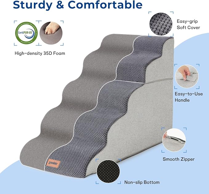 ZOMISIA Dog Stairs for High Beds - Pet Stairs Ramp for Couch, 35D Foam Dog Steps for Small to Large Pets, with Non-Slip Bottom Beige, 5 Steps