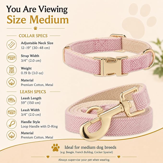 Herringbone Tweed Dog Collar and Leash Set for Medium Dogs, Pink | Snag-free, no-rub design. Soft breathable cotton, gentle on fur. Adjustable durable matching combo for walks & outdoors.
