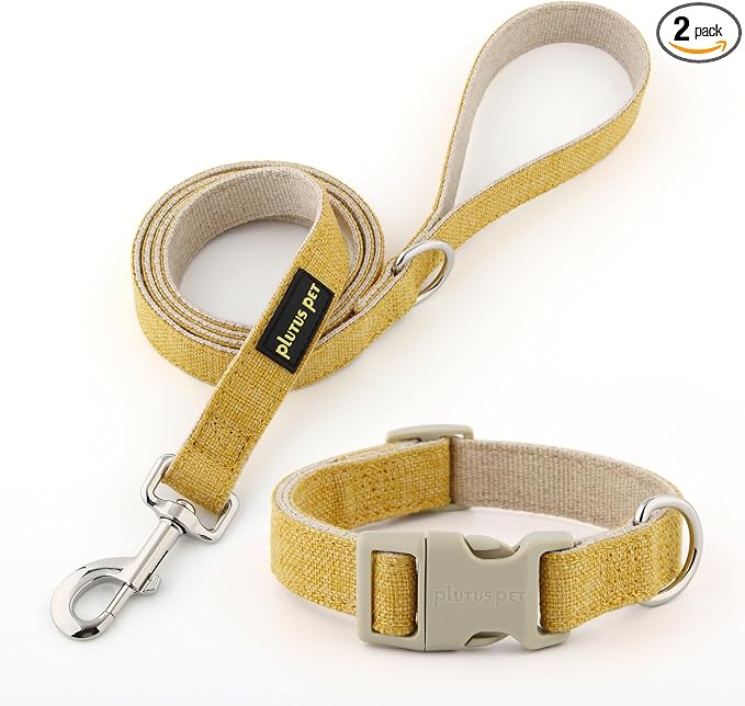 Plutus Pet Cotton Hemp Dog Collar and Leash Set, Adjustable Collar for Small, Medium, and Large Dogs, Heavy Duty and Soft on Skin, Yellow, M