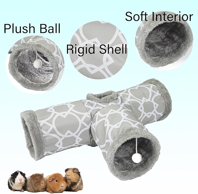 LUCKITTY Plush Inside 3-Way Shape Small Animals Tube Tunnel with Interactive Ball for Guinea Pig, Hamster, Chinchilla, Hedgehog Hiding and Resting, Geometric Grey