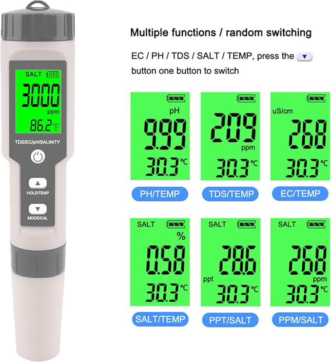 Pool Salt Tester - Multifunctional 5 in 1 Salinity, PH, TDS, EC, and Temperature Meter, Pool Salinity Testing Kit, Digital Salinity Tester for Swimming Pool,Saltwater, Sea Water, Aquarium