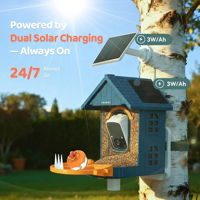 Smart Bird Feeder with Camera Outdoor Birdhouse:AI Identifies 11000+ Species, Features 3K HD Quality and Arrived Alerts Function,Powered by 3 Solar Panels,Gifts for Mom Dad Bird Lovers