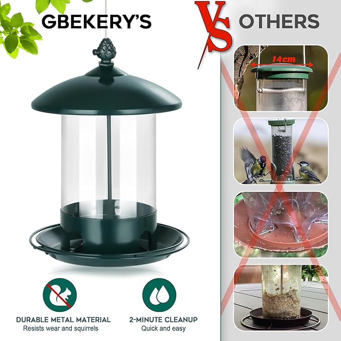 Gbekery Metal Bird Feeders for Outdoors Hanging, Weather Resistant Wild Bird Feeder with 360 Degree Feeding Tray, Green
