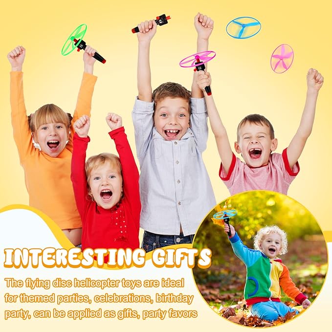 Meooeck Disk Helicopter Toy Disco Flyers Include 12 String Launchers and 24 Flying Saucer Disk Launcher Toy Fly Toys for Outdoor Activity Little Teens Birthday Party Favors(36 Pcs)