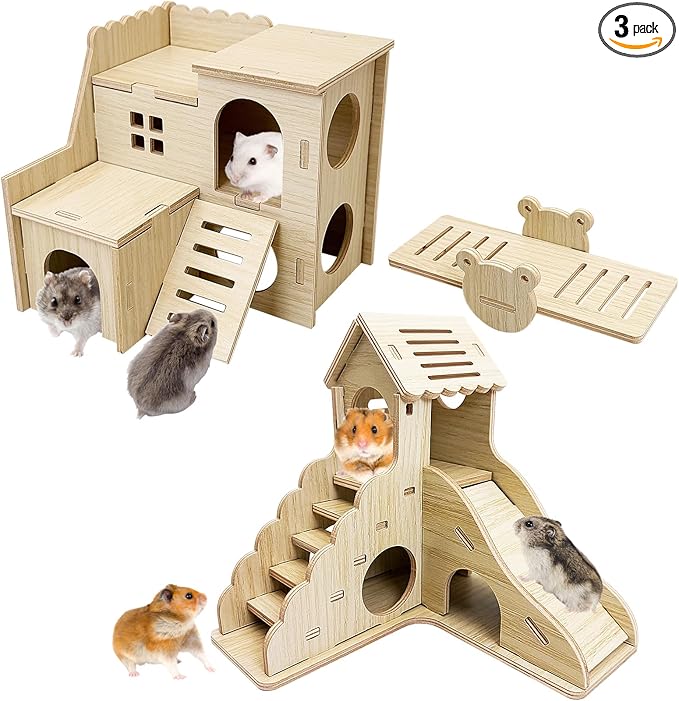 BNOSDM Wood Hamster House Dwarf Hamster Natrual Hideout with Ladder Gerbils Climbing Exploring Seesaw Toys Cage Accessories for Small Hamsters Mouse Mice