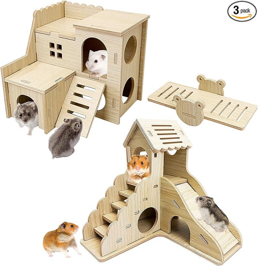 BNOSDM Wood Hamster House Dwarf Hamster Natrual Hideout with Ladder Gerbils Climbing Exploring Seesaw Toys Cage Accessories for Small Hamsters Mouse Mice