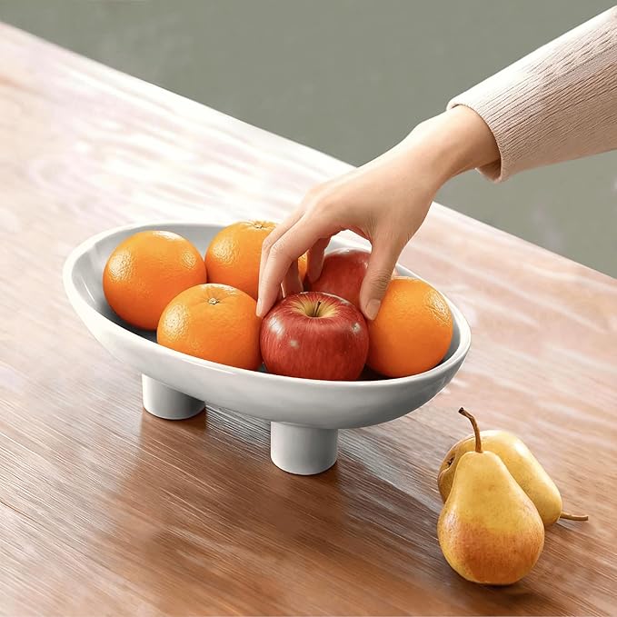 Three-Leg Ceramic Fruit Bowl, 10 Inch Oval Serving Dish for Kitchen Counter, Candy or Key Holder, Home Decor Accent White