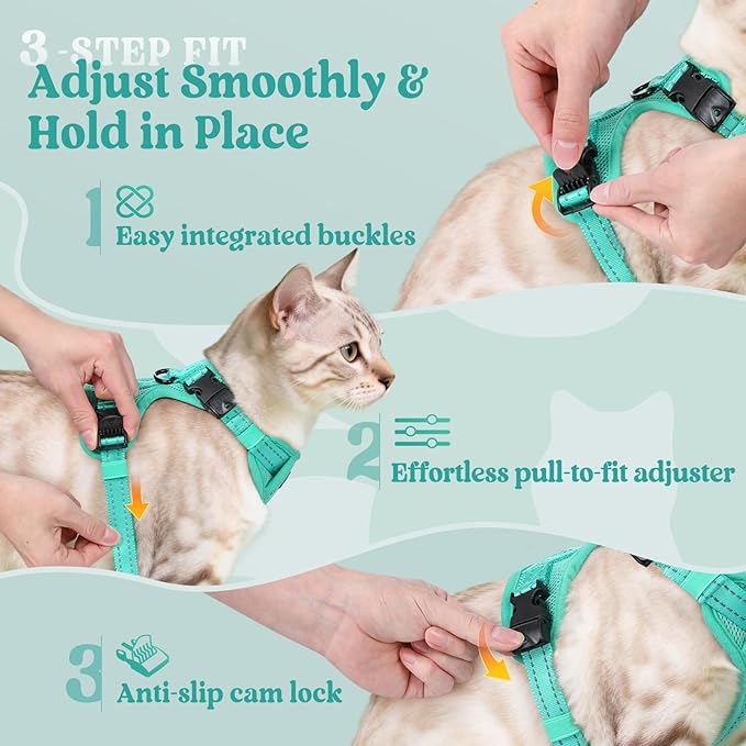 rabbitgoo Cat Harness and Leash, Escape Proof Vest with 3 Adjustable Buckles, Soft Comfortable Kitten Harness, Easy to Wear, Reflective for Safe Outdoor Walking, Small, Green