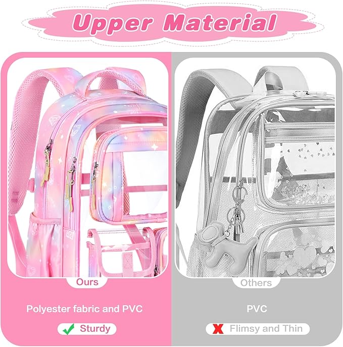 PAMANO Clear Backpack for Girls, Heavy Duty Transparent Bookbag for Kids, See Through Cute Backpacks for Elementary Primary School Work Sport Travel - Pink