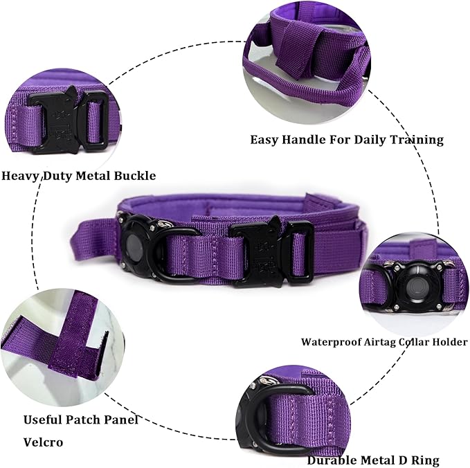 Xqpetlihai Tactical Dog Collar with Airtag Holder Waterproof Airtag Dog Collar with Control Handle and Metal Buckle(DeepPurple，M