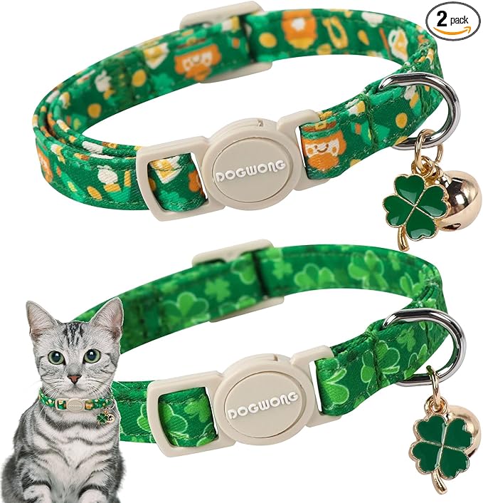 Cat Collar,2 Pack St.Patrick's Day Cat Collars Breakaway with Bell, DOGWONG Safety Buckle Cat Collar Green Trefoil Cat Collar for Girl Boy Cats，Adjustable 7-12 Inch