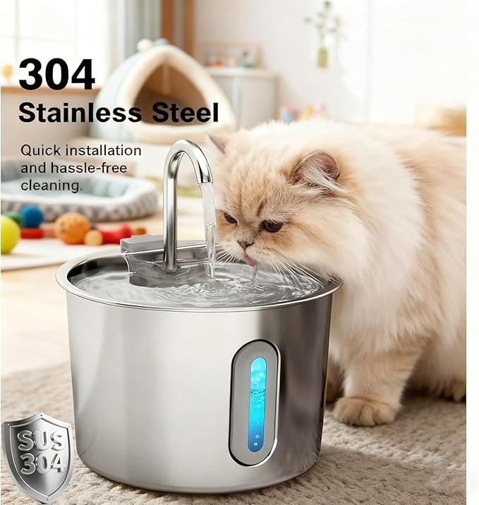 Cat Water Fountain,74oz/2.2L Cat Fountain Stainless Steel for Drinking Indoor,Ultra Quiet Pet Water Dispenser for Cat& Small Animals (2.2L cat Water Fountain)