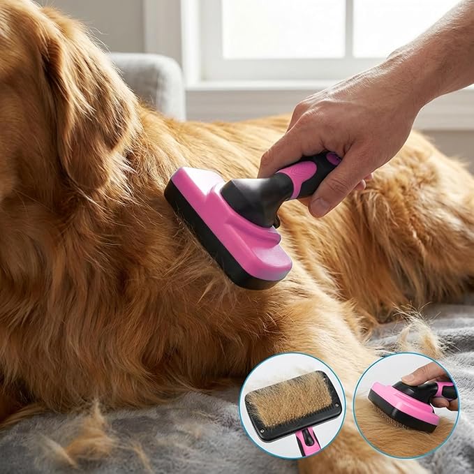 PETIMP STORE 4PCS Self Cleaning Slicker Brush, Pet Grooming Rake, Bath Brush & Massage Brush for Short/Long Haired Dogs, Cats & Horses, Pet Grooming Deshedding Tools - Pet Supplies (Pink Black)