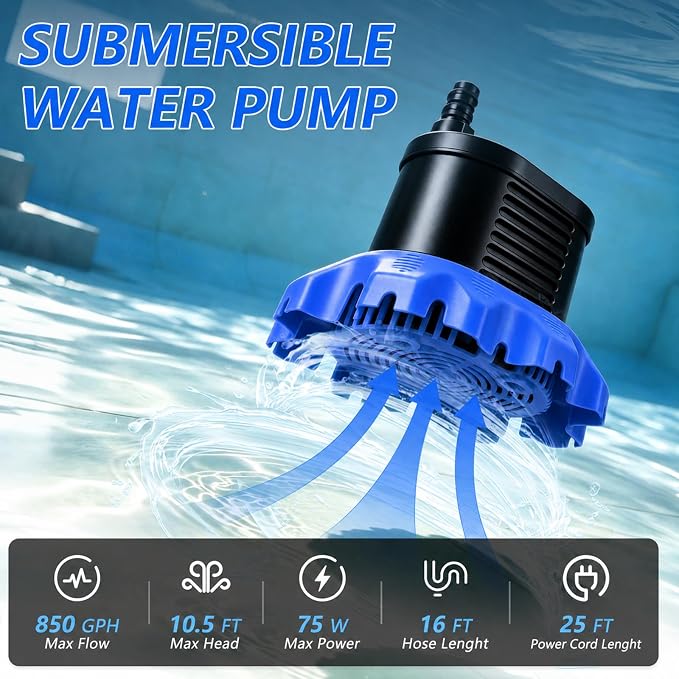 Pool Cover Pump Above Ground, 850 GPH Submersible Sump Pump for Pool Drain | 16FT Drain Hose, 25FT Power Cord, 3 Adapters, Safety and Sturdy, Powerful Water Removal for Pool Cover and Above Ground Pool
