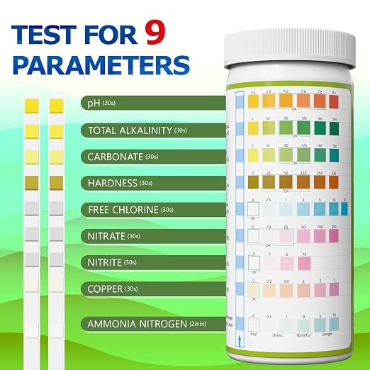 Aquarium Ammonia Test Strips Kit Fish Tank Test Strips (9-Way) | Pond Water Testing Kit for Freshwater Saltwater - Rapid Accurate Easy to Test Carbonate, Nitrate, Nitrite, Ammonia and More