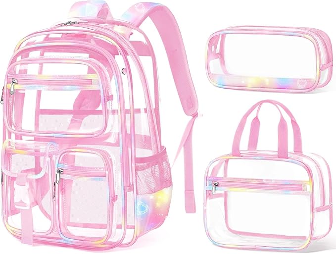 Fimibuke Clear Backpack for Girls, 3PCS Heavy Duty PVC Transparent Girls Backpack with Lunch Box & Pencil Case School Stadium Approved Cute Toddler School Bookbag for Preschool Kindergarten Elementary