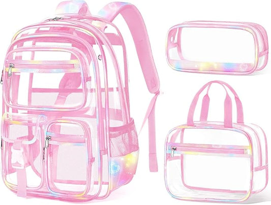 Fimibuke Clear Backpack for Girls, 3PCS Heavy Duty PVC Transparent Girls Backpack with Lunch Box & Pencil Case School Stadium Approved Cute Toddler School Bookbag for Preschool Kindergarten Elementary