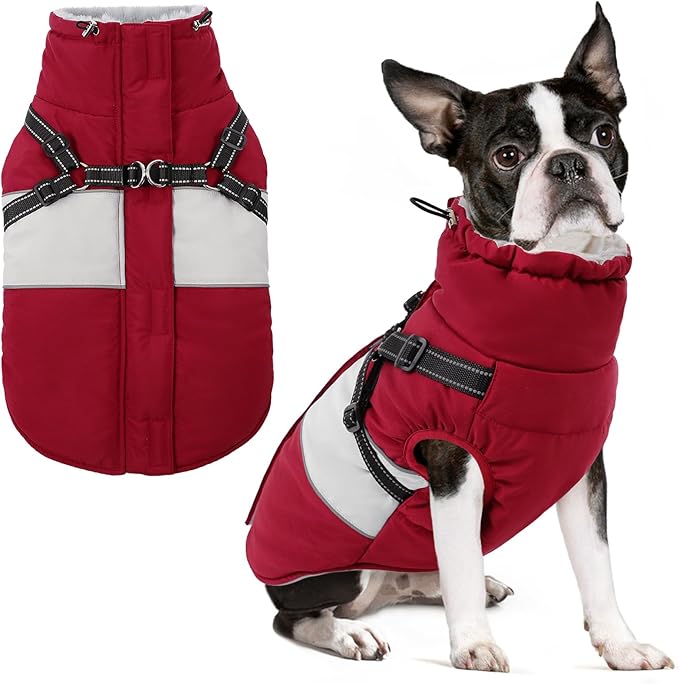 Small Dog Coat with Harness Built in, Warm Dog Jacket Winter with Zipper On Back, Waterproof Pet Snow Jacket Snowsuit Pet Sweater Clothes for Puppy, Burgundy XS