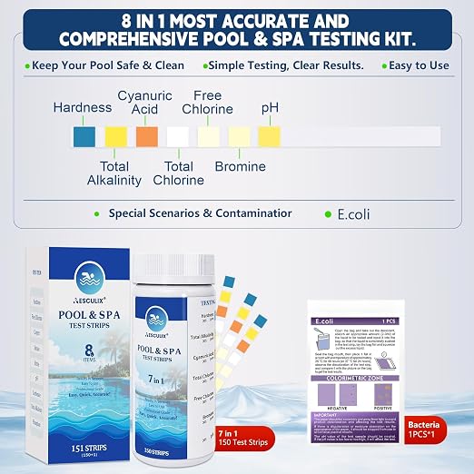 8-in-1 Pool Test Strips, 151 Strips Spa and Hot Tub Water Testing Kit, Pool Water Test Kit for Free Chlorine, Total Chlorine, Bromine, pH, Alkalinity, Hardness, Cyanuric Acid