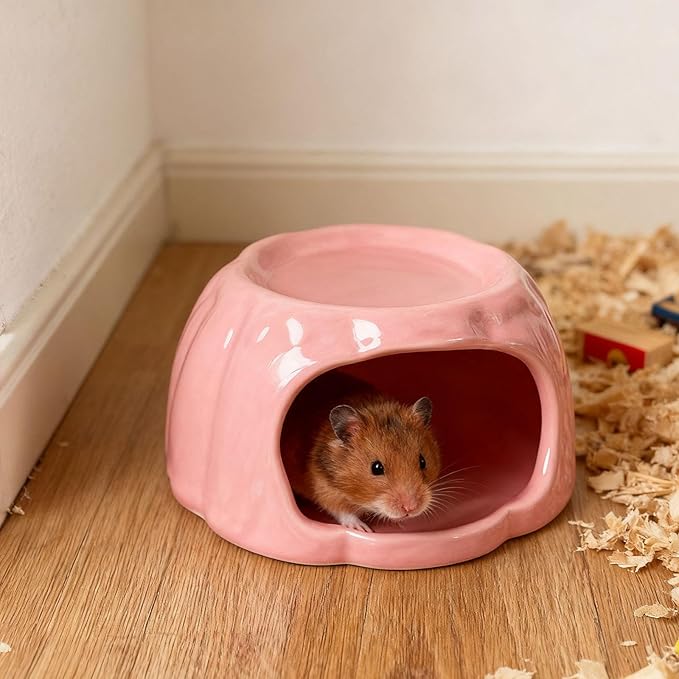 Hamster House Ceramic Hideout Small Animal Food Bowl Pudding Shaped Decorative Habitat Suitable for Hamster Cage Pet Gift Home Decoration, Pink