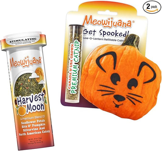 Meowijuana Get Spooked Bundle | Pumpkin Refillable Toy and Harvest Moon Blend | Promotes Play and Cat Health | Includes North American Organic Catnip