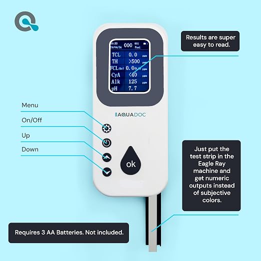 AquaDoc Eagle Ray Digital Water Test Kit for Pool & Spa with 30 Test Strips | Includes a Digital Water Tester and Hot Tub Test Strips for pH, Chlorine, Bromine, Alkalinity, Hardness And Cyanuric Acid