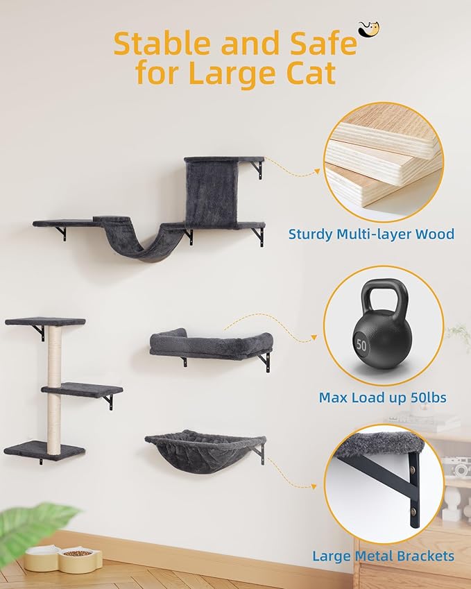 Aechonow Heavy Duty Cat Wall Shelves for Indoor Cats Large Adult, 17'' Large Hammock and Perch Bed for Wall, 5-in-1 Wall-Mounted Cat Climbing Set for Multi-Room Use
