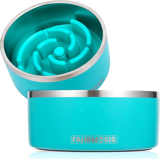 FAHRMOSIS 64 OZ Dog Bowl with Slow Feeder Insert Stainless Steel Pet Water Bowl for Medium & Large Breed Non Slip Rubber Base & Plastic Puzzle Feeder - Teal