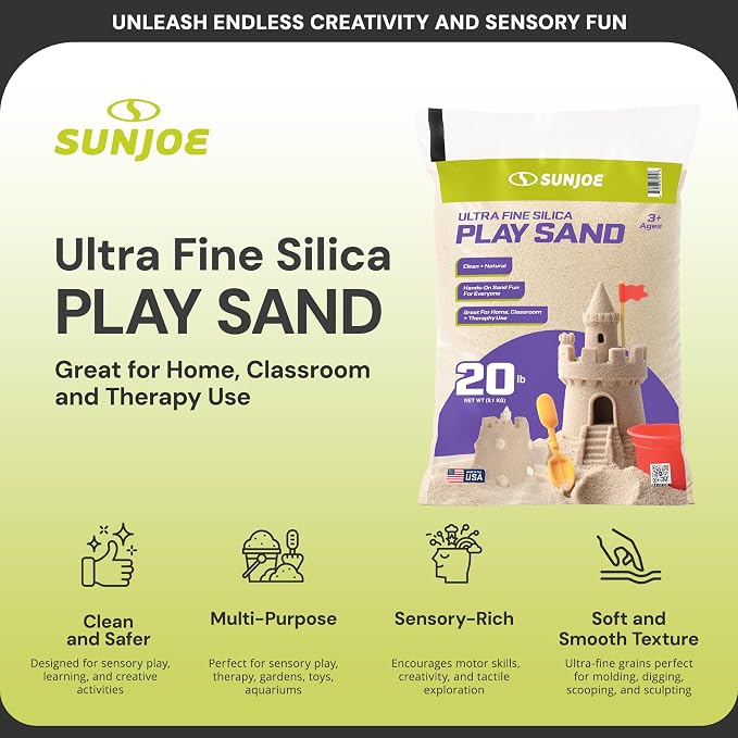 Sun Joe 2 Pack Silica Play Sand for Sandbox, Sensory Table & Garden Spaces, Ultra Fine, 20 Lbs - Natural Craft Accessory for Molding, Digging & Sculpting - Ideal for Indoor and Outdoor Use