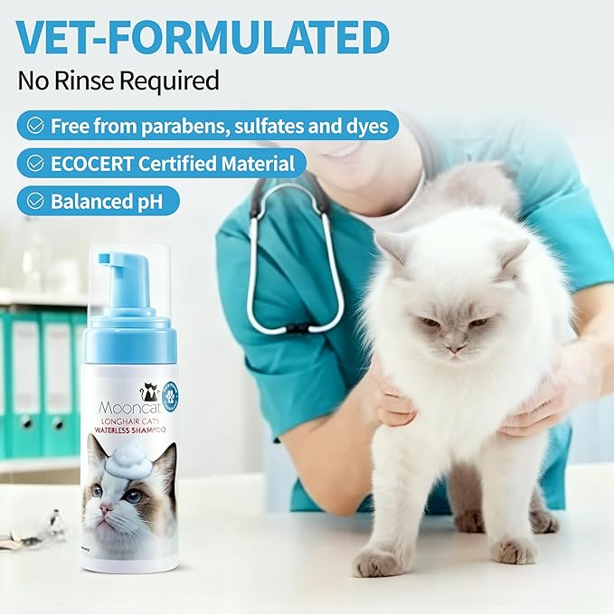 Mooncat Waterless Cat Shampoo for Longhair Cats | Licking Safe No-Rinse Dry Foam to Soften Mats & Smooth Fur | Gentle Formula for Kittens & Sensitive Skin, pH Balanced - 5oz