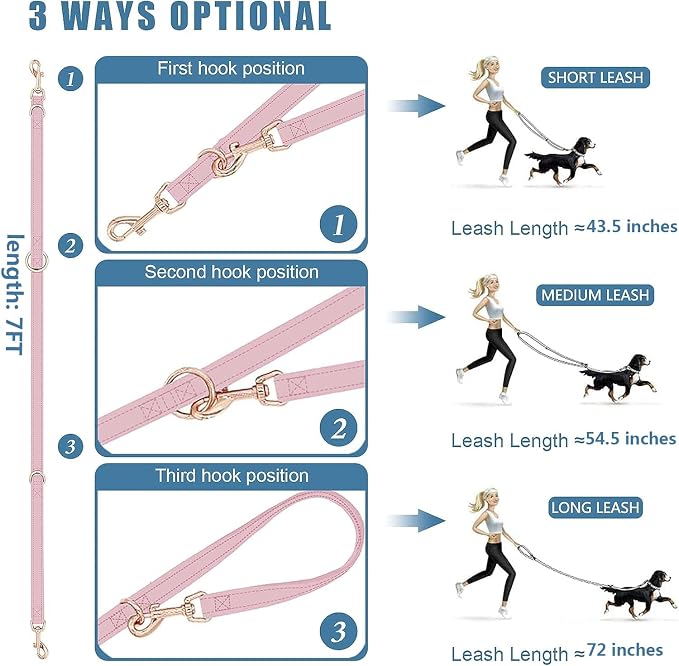 Multifunctional Reflective Leather Dog Collar and Leash Set 7FT, Easy to Clean Leather Leash Collar with Gold Metal Buckle(L, Grey Blue)