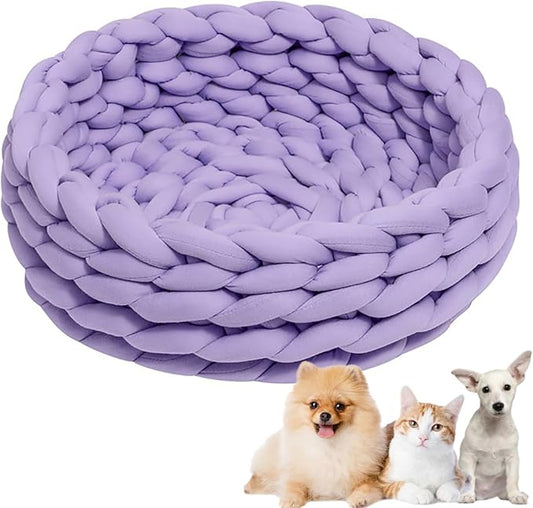 Woven Dog Bed Basket, Knitted Cotton Cat Bed Round Washable Woven Cat Pet Bed Chunky Dog Basket, Orthopedic, Chunky Knit Dog Nest,Dog Bed,Dog Cave,Dog Bedding(Purple,19")